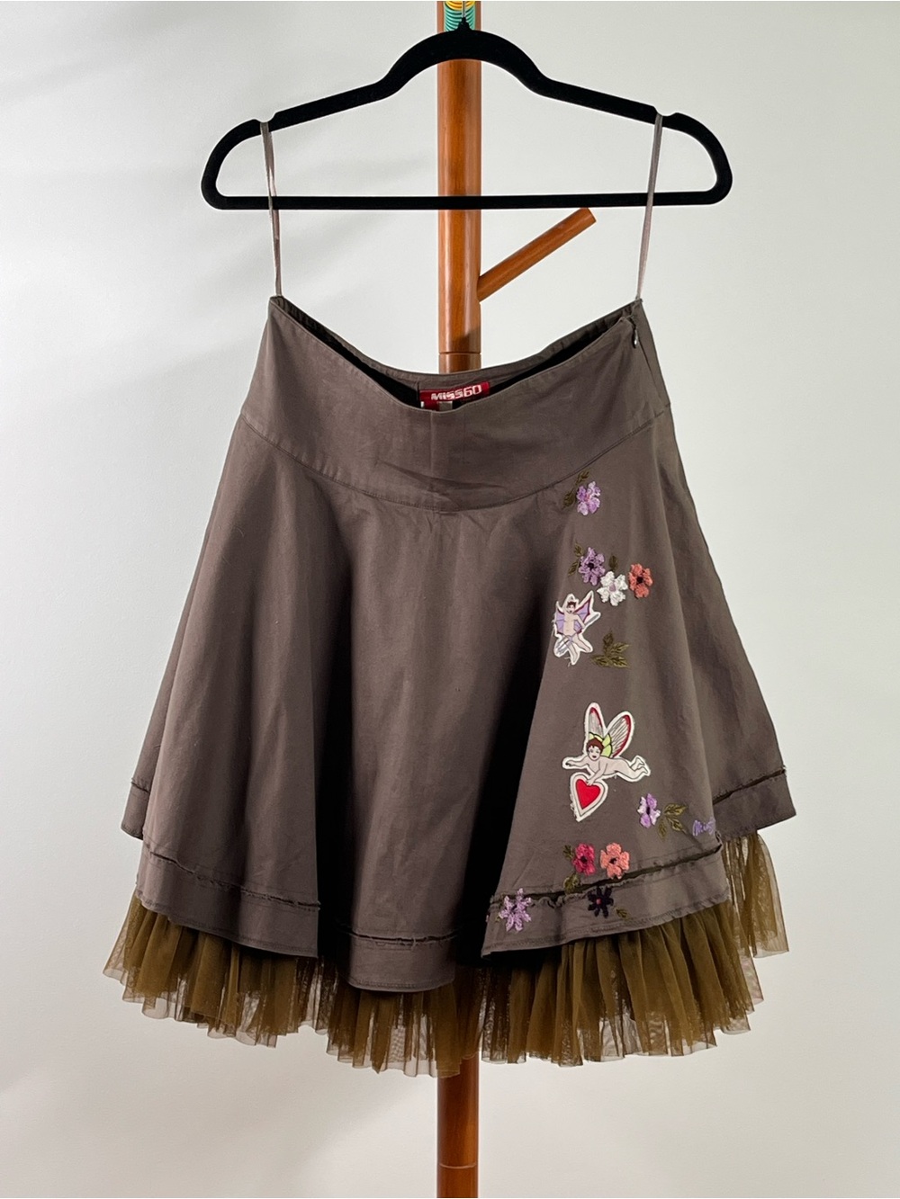 Miss 60 Brown Embroidered A-Line Skirt with Tulle
